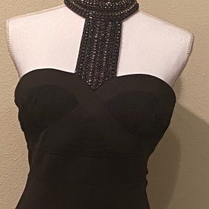 Black halter dress with embellishments